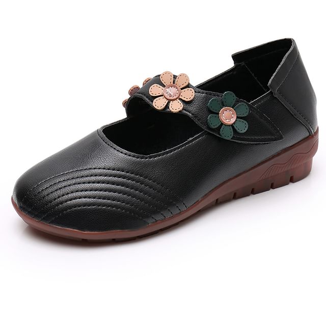 Jane Faux Detail Flower Leather Mary Shoes