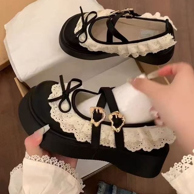 Mary Jane Platform Shoes Trim Ruffle Buckled Lace