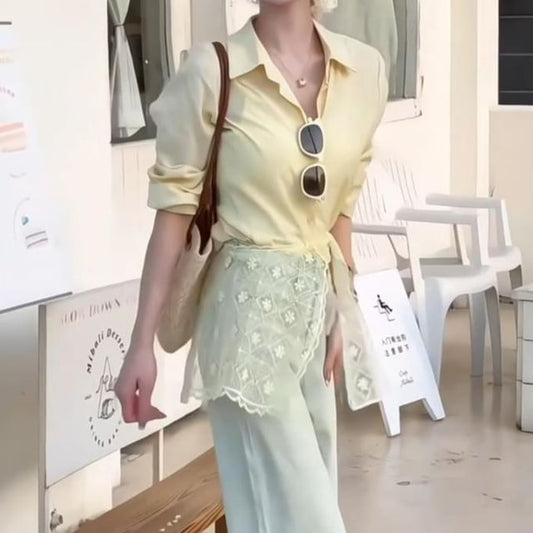 Long Trim Shirt Plain Sleeve Panel Collared Lace