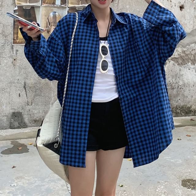 Shirt Collared Up Button Plaid Long-Sleeve