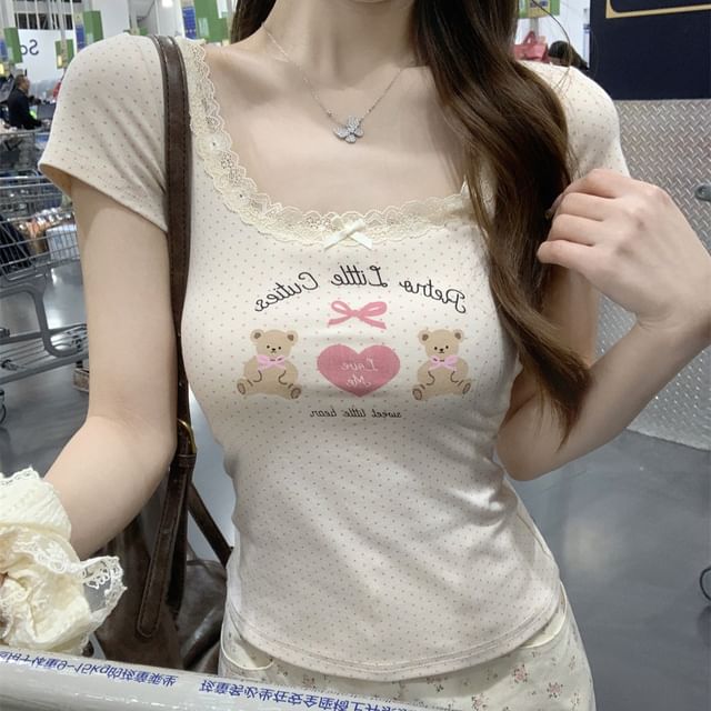 Tee Neck Fit Lace Bear Print Crop Slim Scoop Short-Sleeve Trim