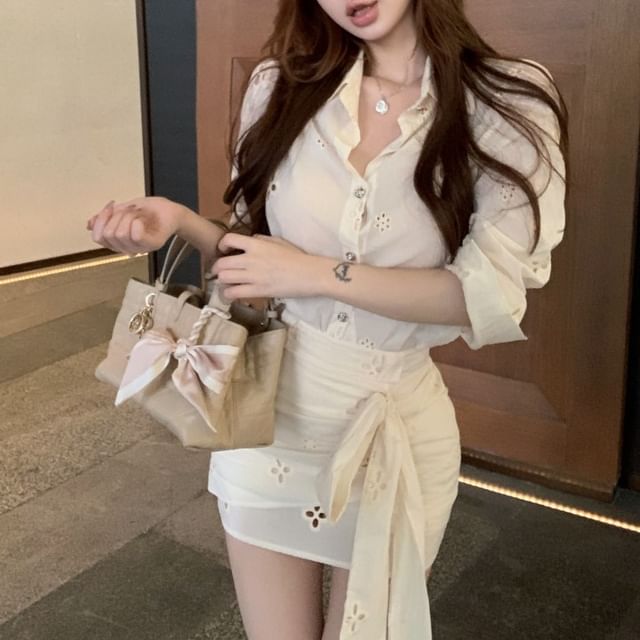 Long-Sleeve High Skirt Rise Bow Pencil / Ruched Embroidered Mini Flower Shirt