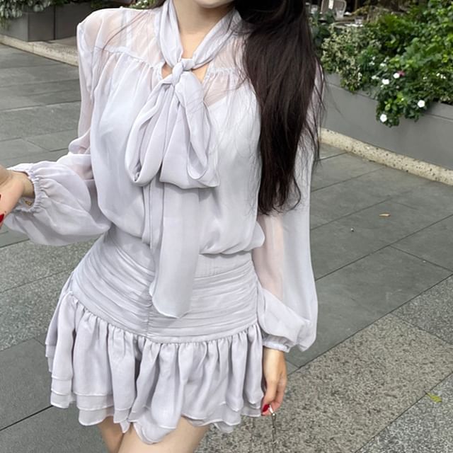 / A-Line Plain Mini Tie-Neck Blouse Set Cami Skirt Puff-Sleeve Rise High Top