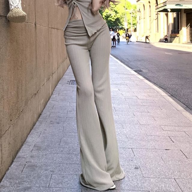 Strapless / Top Flared Side-Slit Plain Drawstring Pants Waist High Asymmetrical