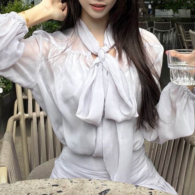 / A-Line Plain Mini Tie-Neck Blouse Set Cami Skirt Puff-Sleeve Rise High Top