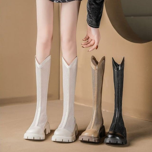 Zip-Up Panel Tall Boots Platform Mesh