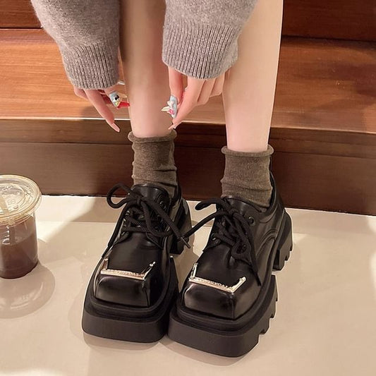 Shoes Accent Lace-Up Leather Toe Metal Square Faux Platform