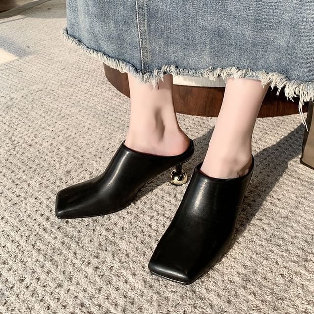 Plain Leather Toe High Faux Heel Mules Square