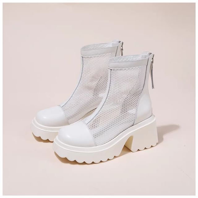 Short Zip-Up Platform Boots Mesh Panel
