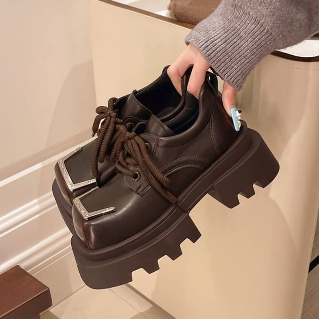 Shoes Accent Lace-Up Leather Toe Metal Square Faux Platform