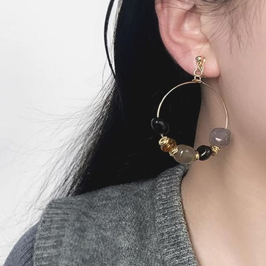 Irregular Clip-On Earring / Drop Hoop Hook Beaded