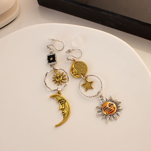 Clip-On / Sun Moon Asymmetrical Drop Earring