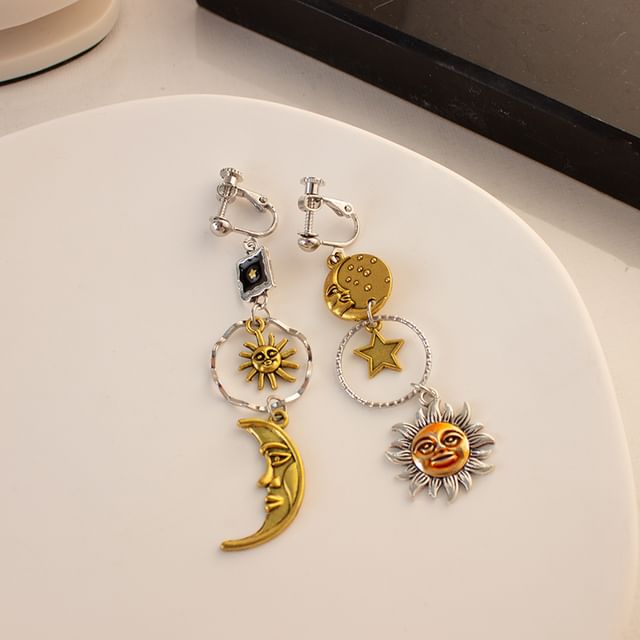 Clip-On / Sun Moon Asymmetrical Drop Earring