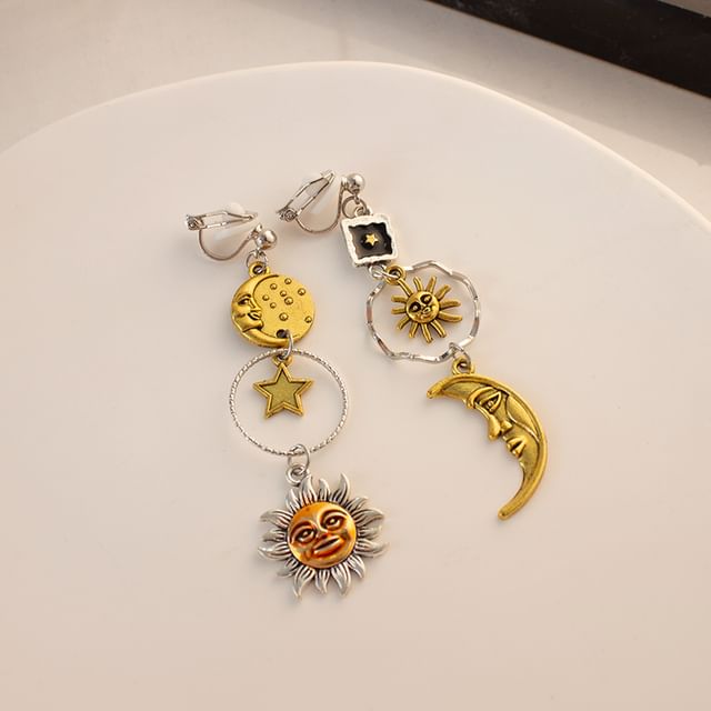 Clip-On / Sun Moon Asymmetrical Drop Earring