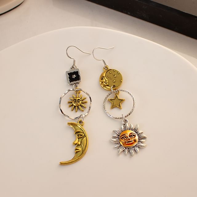 Clip-On / Sun Moon Asymmetrical Drop Earring