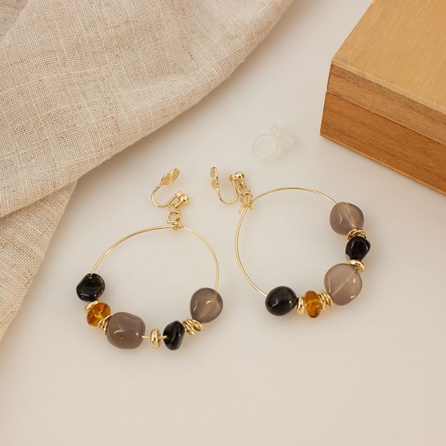 Irregular Clip-On Earring / Drop Hoop Hook Beaded