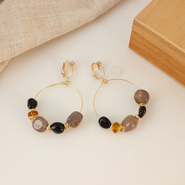 Irregular Clip-On Earring / Drop Hoop Hook Beaded