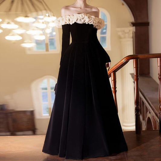 Gown Evening A-Line Off Long-Sleeve Tone Ruffle Trim Shoulder Two