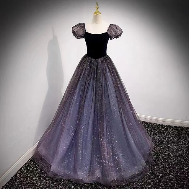 Short Sleeve Scoop Neck Glitter Two Tone Evening Ball Gown