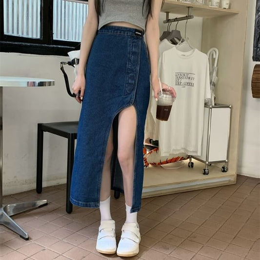 Rise Skirt Washed Denim Midi Asymmetrical High Pencil