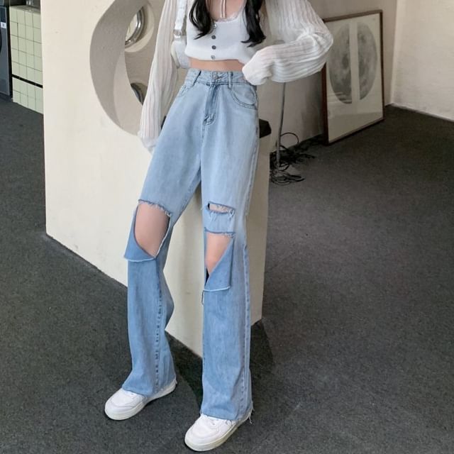 Washed Jeans High Leg Waist Gradient Wide Distressed