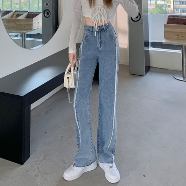 Wide Fray Panel Jeans Washed Leg Rise High