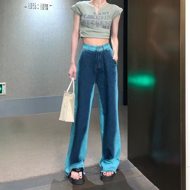 Jeans Rise High Washed Leg Wide Fray