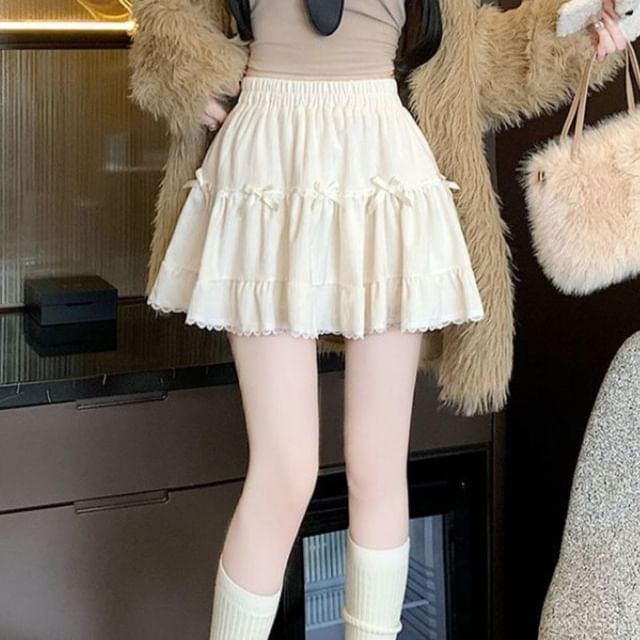 Skirt Bow Waist A-Line Ruffle Mini Plain Elastic