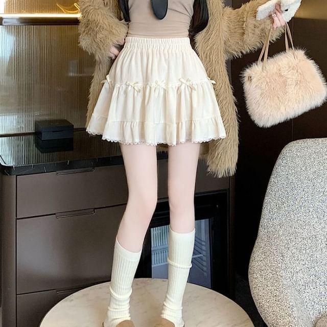 Skirt Bow Waist A-Line Ruffle Mini Plain Elastic