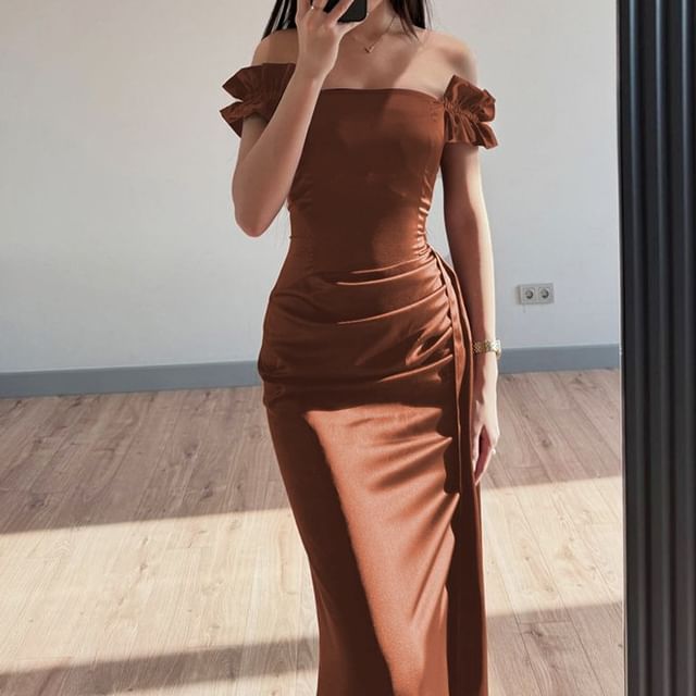 Evening Satin Ruffle Gown Trim Ruched Sheath Plain Off-Shoulder