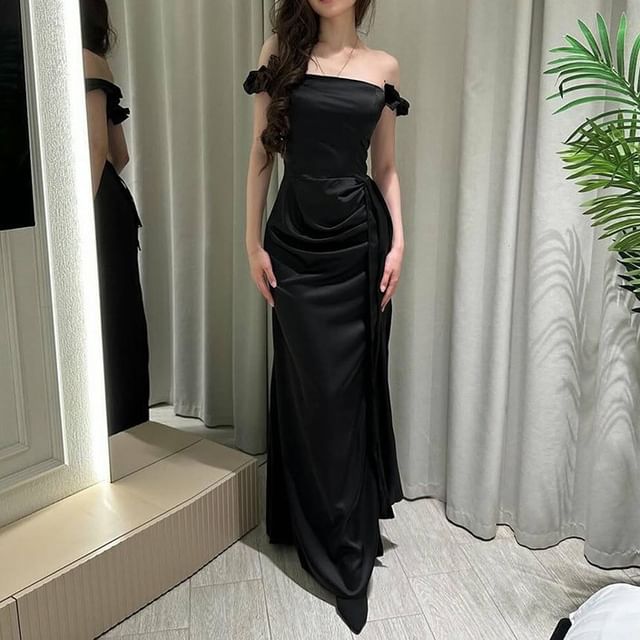 Evening Satin Ruffle Gown Trim Ruched Sheath Plain Off-Shoulder