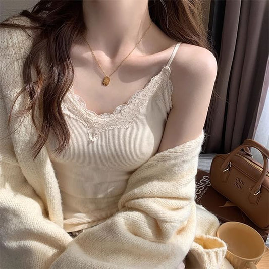 Camisole Plain Ribbed Trim Top Padded Lace