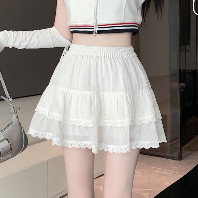 Skirt Mini Elastic A-Line Balletcore Lace Trim Waist Plain Tiered