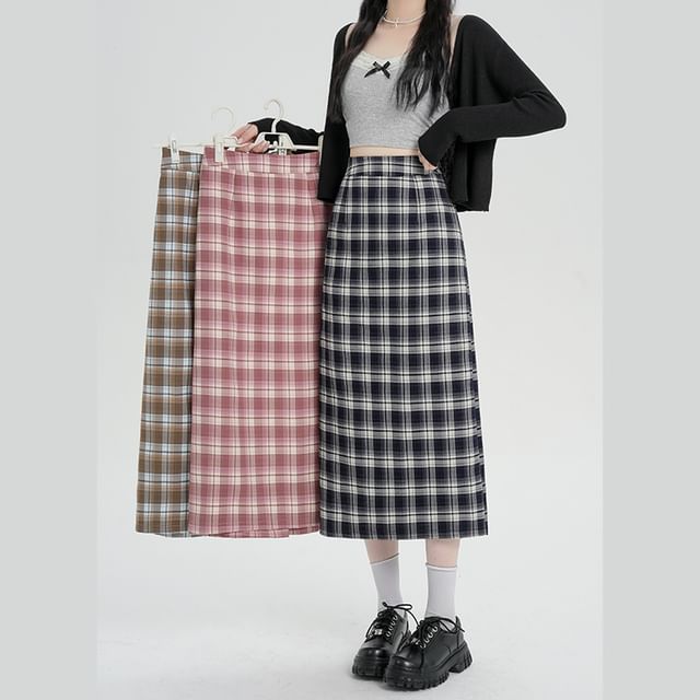 Plaid Skirt Slit Waist H-Line Midi High