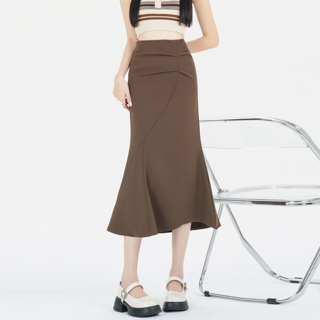 Plain Midi Skirt Fishtail Waist Ruched High