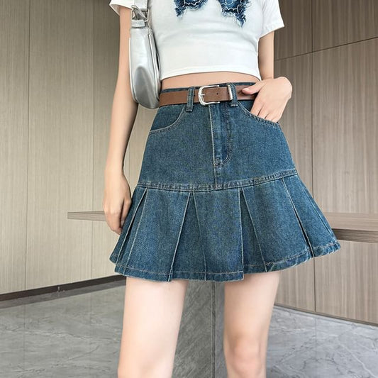 Denim Rise Pleated High Skirt Mini A-Line