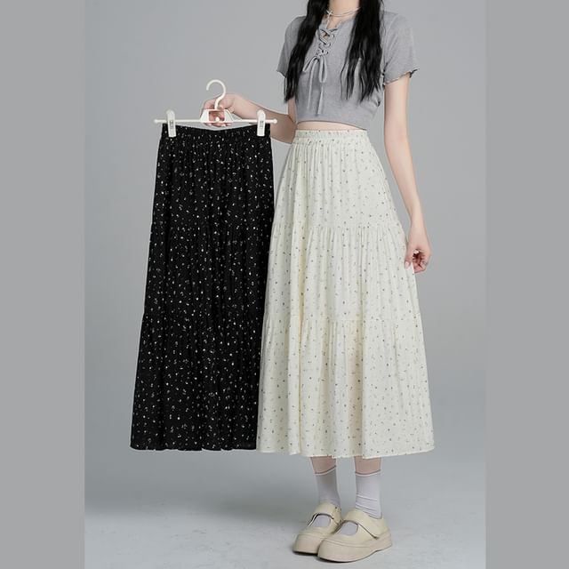 Skirt A-Line Elastic Midi Floral Waist Tiered