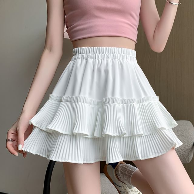 Waist A-Line Accordion Skirt Mini Elastic Pleated Plain Tiered