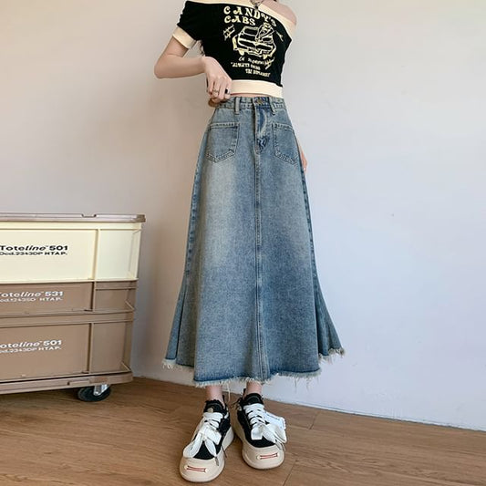 Waist Skirt Midi High Denim A-Line Fringed