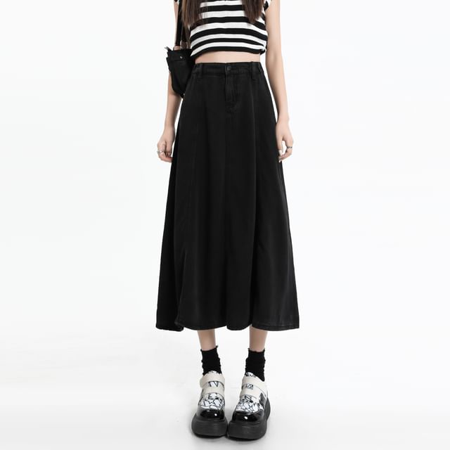Plain Skirt Rise High Midi A-Line Denim