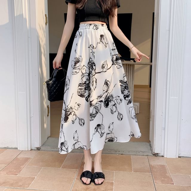 A-Line Midi Skirt Elastic Waist Floral