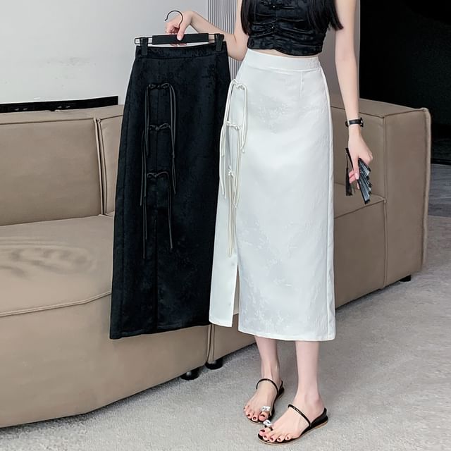 Skirt Midi Floral High Waist Slit A-Line Button Jacquard Frog