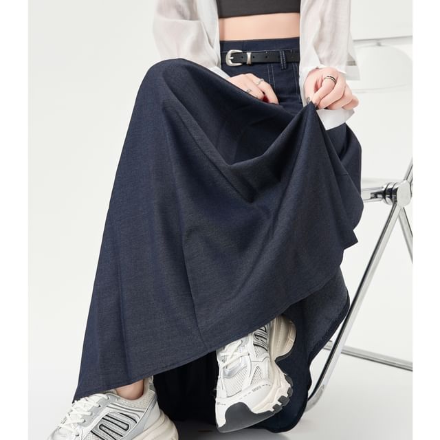 A-Line Midi Skirt Waist Denim Pleated High