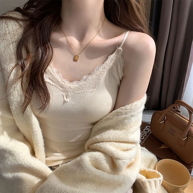 Camisole Plain Ribbed Trim Top Padded Lace