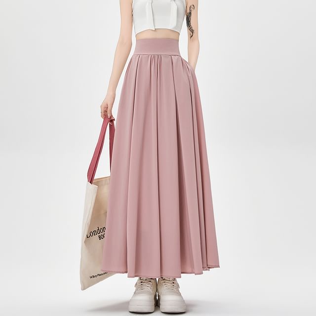 Skirt Midi A-Line High Waist Plain Pleated