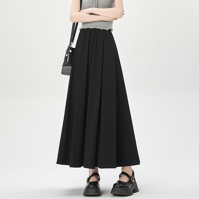 Skirt Midi A-Line High Waist Plain Pleated