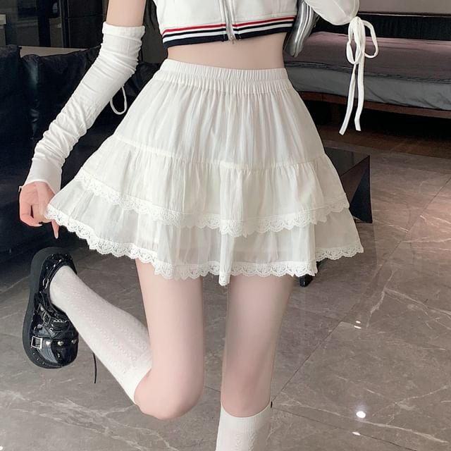 Skirt Mini Elastic A-Line Balletcore Lace Trim Waist Plain Tiered