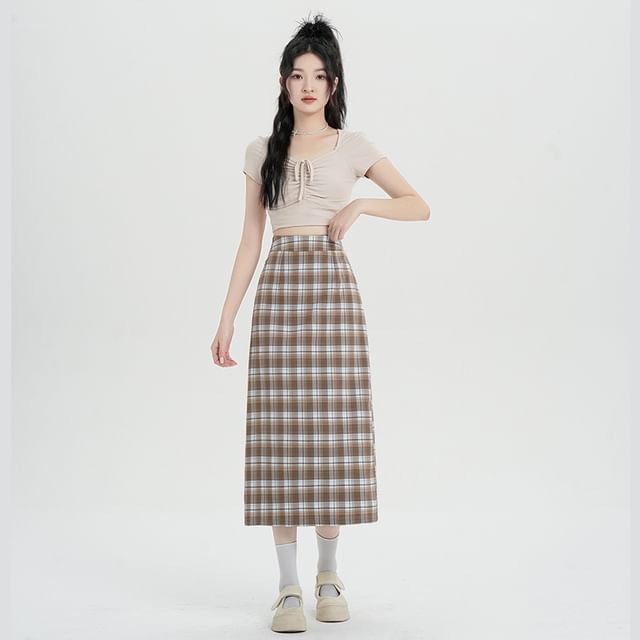 Plaid Skirt Slit Waist H-Line Midi High