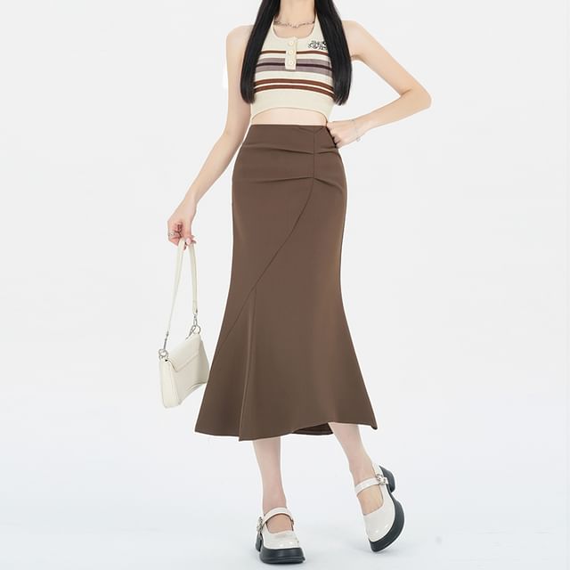 Plain Midi Skirt Fishtail Waist Ruched High