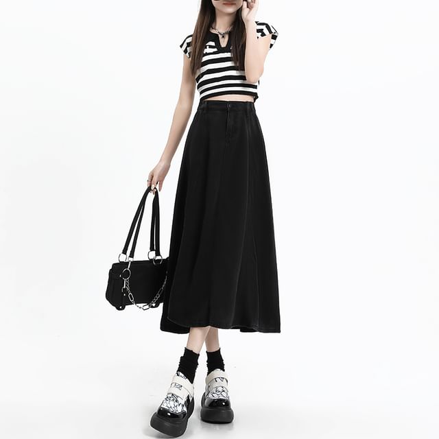 Plain Skirt Rise High Midi A-Line Denim